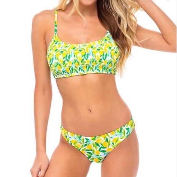 NWT Cabana Del Sol Lemon Smocked Scoop Neck Bikini - Picture 1 of 8